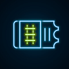 Glowing neon line Train ticket icon isolated on black background. Travel by railway. Colorful outline concept. Vector