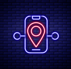 Glowing neon line Route location icon isolated on brick wall background. Train line path of train road route with start point GPS and dash line. Colorful outline concept. Vector