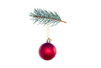 Red Christmas ball hanging from a Christmas tree twig
