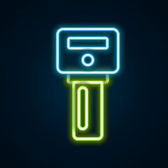 Glowing neon line Car key with remote icon isolated on black background. Car key and alarm system. Colorful outline concept. Vector