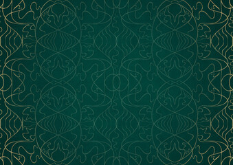 Hand-drawn unique abstract ornament. Light green on a dark cold green background, with vignette in golden glitter. Paper texture. Digital artwork, A4. (pattern: p02-1b)