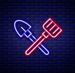 Glowing neon line Shovel and rake icon isolated on brick wall background. Tool for horticulture, agriculture, gardening, farming. Ground cultivator. Colorful outline concept. Vector
