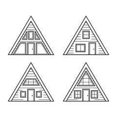 Set of triangular houses. Collection of A-frame houses in line style. Isolated vector illustration.