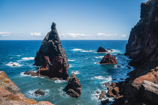 Aerial view of sea stacks and rocky coastline near Ponta de Sao, Lourenco, Canical, Madeira, Portugal
