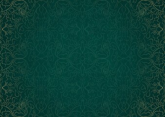Hand-drawn unique abstract ornament. Light green on a dark cold green background, with vignette in golden glitter. Paper texture. Digital artwork, A4. (pattern: p07-1b)