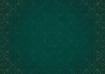 Hand-drawn unique abstract ornament. Light green on a dark cold green background, with vignette in golden glitter. Paper texture. Digital artwork, A4. (pattern: p07-1c)