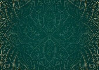 Hand-drawn unique abstract ornament. Light green on a dark cold green background, with vignette in golden glitter. Paper texture. Digital artwork, A4. (pattern: p08-2a)