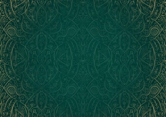Hand-drawn unique abstract ornament. Light green on a dark cold green background, with vignette in golden glitter. Paper texture. Digital artwork, A4. (pattern: p08-2b)