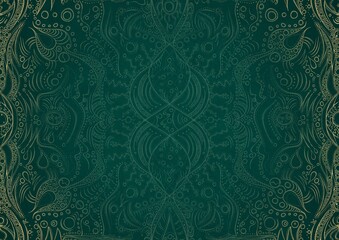 Hand-drawn unique abstract ornament. Light green on a dark cold green background, with vignette in golden glitter. Paper texture. Digital artwork, A4. (pattern: p09a)