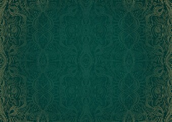 Hand-drawn unique abstract ornament. Light green on a dark cold green background, with vignette in golden glitter. Paper texture. Digital artwork, A4. (pattern: p09b)