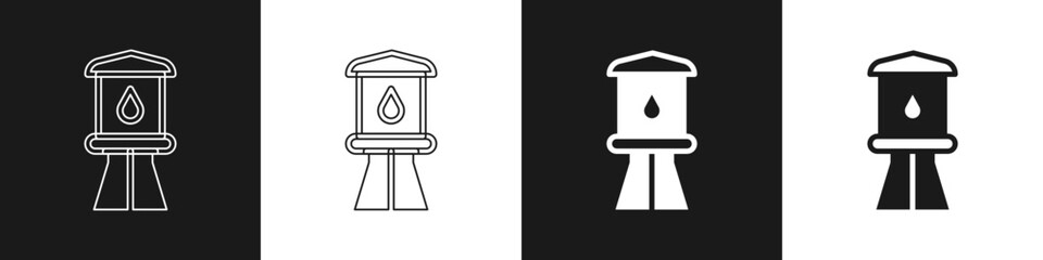 Set Water tower icon isolated on black and white background. Vector