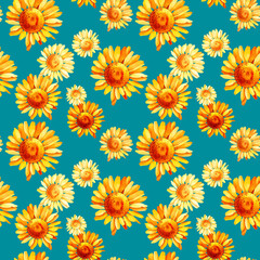 Fototapeta na wymiar Seamless pattern with sunflowers on a blue background . Watercolor illustration.