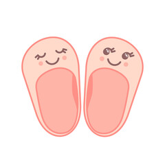 Cute pink baby shoes icon with kawaii face isolated on white balground.