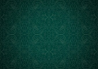 Hand-drawn unique abstract symmetrical seamless ornament. Bright green on a deep cold green with vignette of a darker background color. Paper texture. Digital artwork, A4. (pattern: p07-1b)