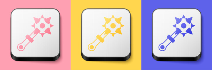 Isometric Medieval chained mace ball icon isolated on pink, yellow and blue background. Morgenstern medieval weapon or mace with spikes. Square button. Vector