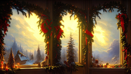 Christmas decorations on a winter holiday window. Frozen evening window, garlands, lanterns, Christmas tree. Holiday and fun atmosphere. Dark festive interior. 3D illustration.