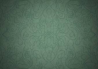 Hand-drawn unique abstract symmetrical seamless ornament. Dark semi transparent green on a light cold green with vignette of a darker background color. Paper texture. A4. (pattern: p07-1a)