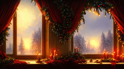 Fototapeta premium Christmas decorations on a winter holiday window. Frozen evening window, garlands, lanterns, Christmas tree. Holiday and fun atmosphere. Dark festive interior. 3D illustration.