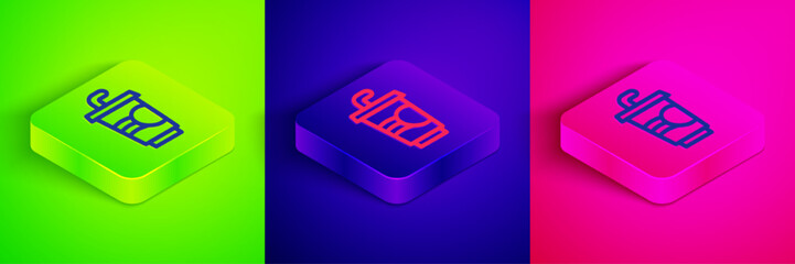 Isometric line Paper glass with drinking straw and water icon isolated on green, blue and pink background. Soda drink glass. Fresh cold beverage symbol. Square button. Vector