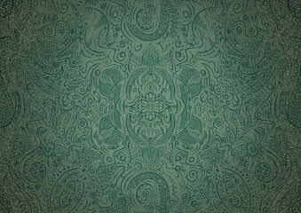 Hand-drawn unique ornament. Dark green on light cold green background, with vignette of darker background color and splatters of golden glitter. Paper texture. Digital artwork, A4. (pattern: p01a)