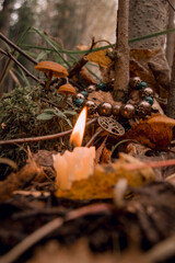 burning candle, a symbol of the moon, an amulet lying on a moss with toadstools on a dark natural...