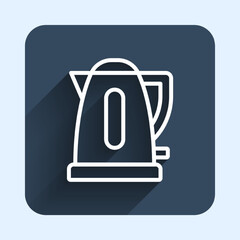 White line Electric kettle icon isolated with long shadow background. Teapot icon. Blue square button. Vector