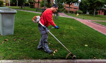 Gardener operating the weed cutter
