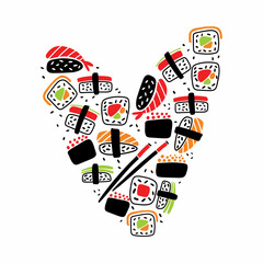 Vector set of sushi in the form of a heart drawn by hand in the style of a doodle. Oriental cuisine.