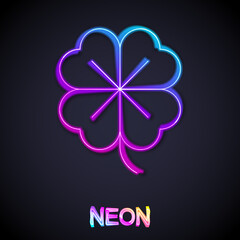 Glowing neon line Four leaf clover icon isolated on black background. Happy Saint Patrick day. Vector