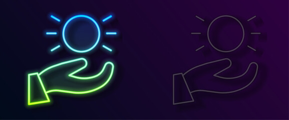 Glowing neon line Ball levitating above hand icon isolated on black background. Levitation symbol. Vector