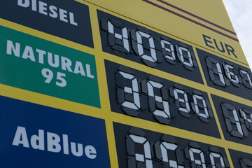 Fuel gas station showing high gasoline prices. Close-up of a sign in Europa, diesel price