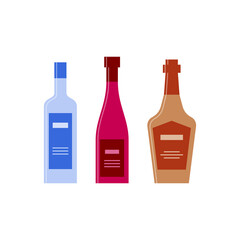 Set bottles of vodka red wine whiskey. Icon bottle with cap and label. Great design for any purposes. Flat style. Color form. Party drink concept. Simple image shape