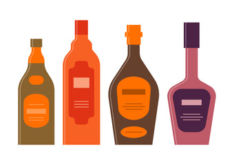 Set bottles of balsam, rum, whiskey, liquor great design for any purposes. Icon bottle with cap and label. Flat style. Color form. Party drink concept. Simple image shape