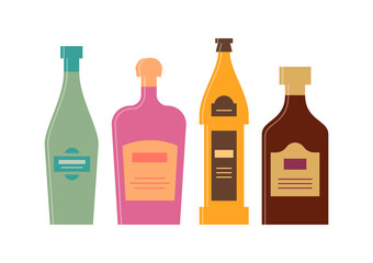 Set bottles of vermouth, liquor, beer, rum. Icon bottle with cap and label. Great design for any purposes. Flat style. Color form. Party drink concept. Simple image shape