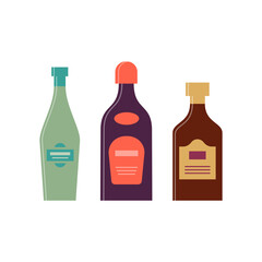 Set bottles of vermouth liquor rum . Icon bottle with cap and label. Great design for any purposes. Flat style. Color form. Party drink concept. Simple image shape