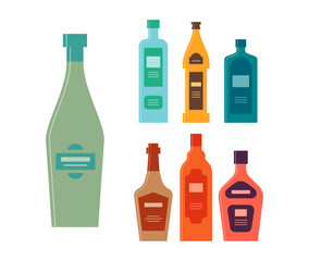 Set bottles of wine gin beer schnapps whiskey balsam liquor. Icon bottle with cap and label. Graphic design for any purposes. Flat style. Color form. Party drink concept. Simple image shape