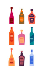 Set bottles of wine rum cream brandy liquor gin champagne tequila vodka. Icon bottle with cap and label. Graphic design for any purposes. Flat style. Color form. Party drink concept. Simple image
