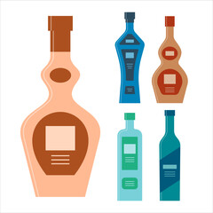 Set bottles of liquor vodka cream schnapps balsam. Icon bottle with cap and label. Graphic design for any purposes. Flat style. Color form. Party drink concept. Simple image shape