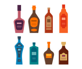 Set bottles of liquor whiskey brandy cream vodka gin balsam rum. Icon bottle with cap and label. Graphic design for any purposes. Flat style. Color form. Party drink concept. Simple image shape