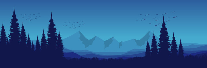 tree silhouette in mountain landscape with tree silhouette flat design vector illustration good for wallpaper, background, backdrop, banner, and design template