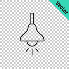Black line Lamp hanging icon isolated on transparent background. Ceiling lamp light bulb. Vector