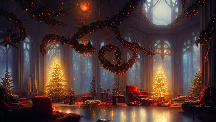 Obraz premium Christmas decorations on a winter holiday window. Frozen evening window, garlands, lanterns, Christmas tree. Holiday and fun atmosphere. Dark festive interior. 3D illustration.