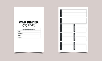 War Binder log book KDP Interior design.  Printable logbook