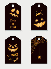 Happy Halloween! Vector black labels with burning faces pumpkin and spider web