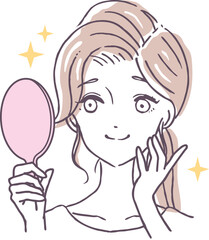 手鏡に向かって微笑む女性　鏡を見て笑顔で幸せそうな女の人　イラスト素材