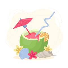 Tropical cocktail in coconut. Umbrella and orange fruit. Shell and frangipani flower. Vector illustration
