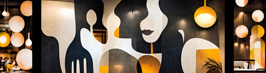 Вackground with an abstract art composition of the mural for Caffe, restaurant, beauty saloon or business office in brown, yellow black and white, Generative AI.  - obrazy, fototapety, plakaty