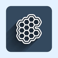 Obraz premium White line Honeycomb icon isolated with long shadow background. Honey cells symbol. Sweet natural food. Blue square button. Vector