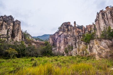 Los Estoraques Unique Natural Area, national park in the Cordillera Oriental of Colombia, Norte de Santander Department. Large brownstone pedestals and columns formed by erosion. Travel destination