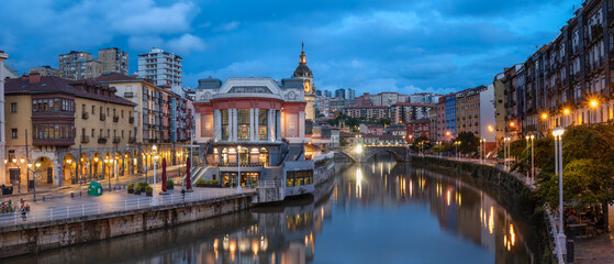 Fototapeta na wymiar Panoramic View of beautiful Bilbao with the Erribera Market Hall and Nervion River